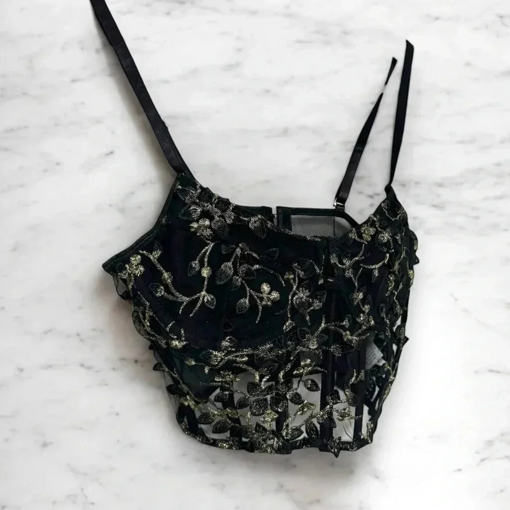 Black Floral Embroidered Corset Top Bustier S fairy glam